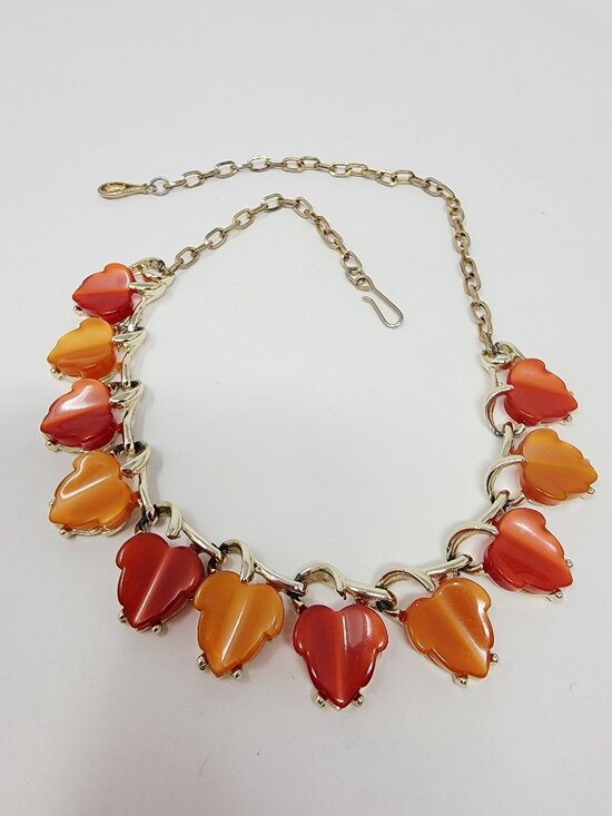 Jewelry - Vintage Thermoset Orange Leaf Necklace Gold Tone Retro Mid Century Statement